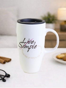 "Live Simple" Porcelain Mug w/ Lid With Gift Box